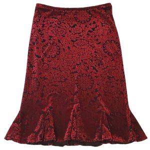 Express Crushed Velvet Midi Length Godet Skirt | Like New | XS | Black Red Print